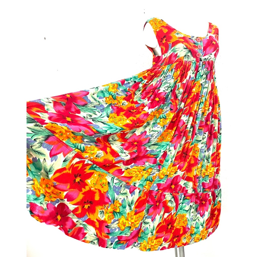 Vintage 90s Erika Taylor Colorful Floral Rayon Sleeveless Full Midi Dress Small